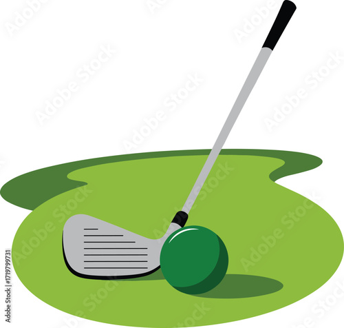 Golf club ball and green on a white background