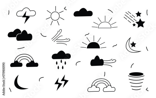 Weather icons showing sun clouds rain rainbow moon wind and lightning