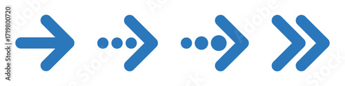 Blue rounded right arrows set. Next, enter, swipe, scroll button. Flat icon isolated. Continue icon. East arrow.