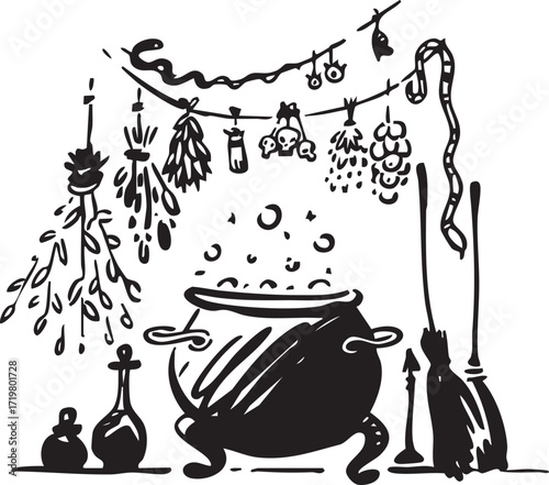 A Witchs Cauldron that is filled with Various Herbs and Magical Potions for Mystical Purposes