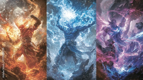 Warrior battles elemental forces of fire, water, and lightning in an epic fantasy scene