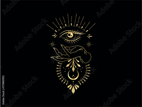 Mystical eye with crescent moon and ornate golden design on black background