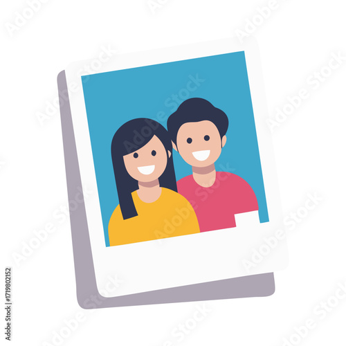 Vector art of a flat illustration of a smiling couple posing for a photo, captured in a polaroid frame against a vibrant blue backdrop, symbolizing togetherness and cherished memories