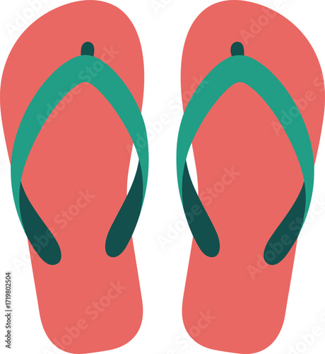 Bright coral flip flops with teal straps on a white background