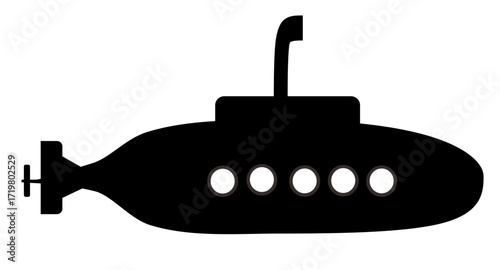 Black silhouette of a submarine with periscope and propeller. Underwater naval vessel icon isolated on a white background