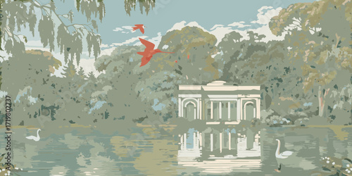Tranquil park landscape with classical pavilion reflecting in a serene lake and two swans swimming peacefully