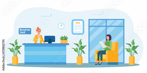 Woman sitting in waiting room while receptionist works at reception desk with plants and clock