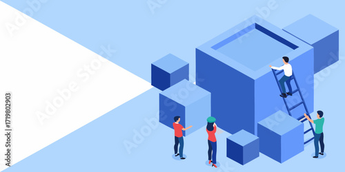 Teamwork and collaboration to achieve goals by building and climbing abstract geometric shapes