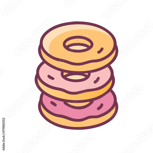 Vector art of stack of three colorful donuts, , featuring a yellow donut on top, a pink donut in the middle, and another pink donut at the bottom, all with a simple, clean design and outline