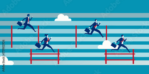 Business people in suits jumping over hurdles in a race towards success and overcoming obstacles