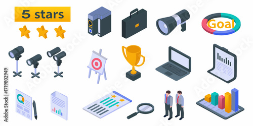 Isometric business icons set representing success achievement and performance metrics