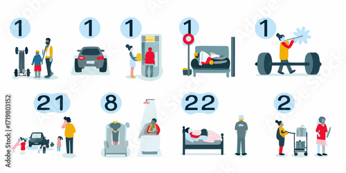 Collection of flat design illustrations showing people and objects with numbers indicating quantities or stages