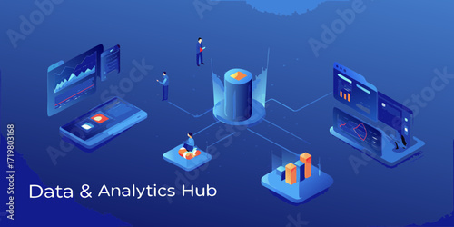 Abstract digital data analytics hub with interconnected devices and business professionals analyzing information
