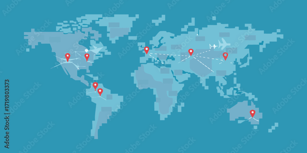 Fototapeta premium Global travel routes and connections visualized on a world map with airplane and location pins