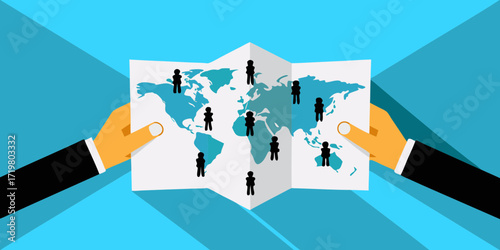Hands holding a world map with people icons spread across different continents