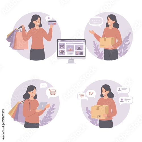 Illustrations depicting the online shopping process, from browsing and purchasing to receiving and reviewing products.
