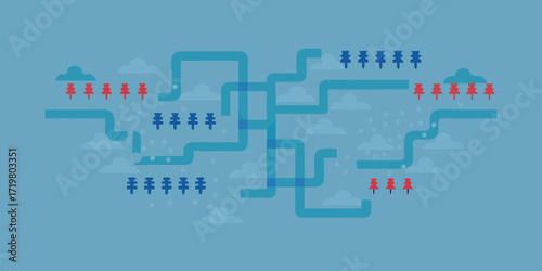 Abstract representation of competing pathways and strategies with red and blue markers on a blue background