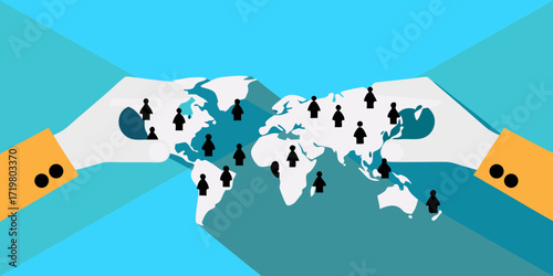 Global network of people represented by icons on a world map held by two hands