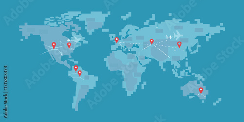 Global travel routes and connections visualized on a world map with airplane and location pins