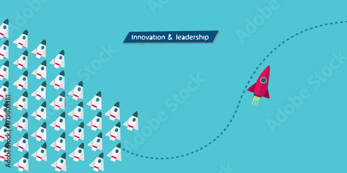 Red rocket breaks away from the group of white rockets showing innovation and leadership