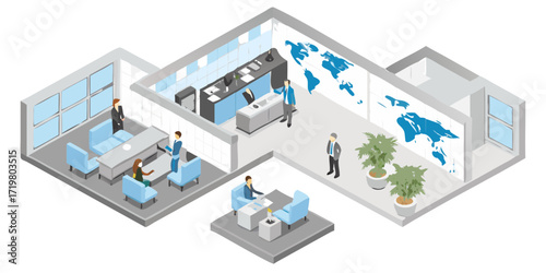 Isometric view of a modern office space with a world map and business people collaborating