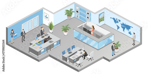 Isometric view of a modern office interior with people working and a reception desk