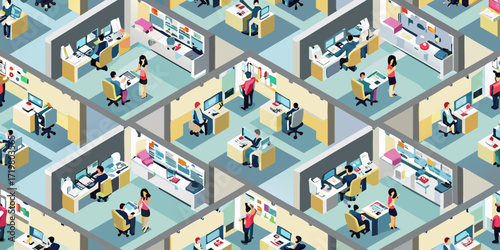 Isometric view of a busy open plan office with diverse employees working at computers in cubicles