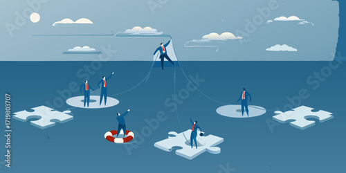 Business team collaborating and connecting ideas to solve complex problems in a challenging environment