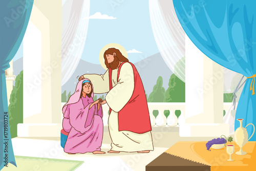 Jesus Heals a Woman in Faithful Compassion, Demonstrating His Boundless Love and Care for Humanity