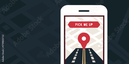 Smartphone displaying a map with a pick me up button and a red location pin on a road