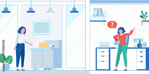 Two women in an office setting one confused and pointing the other offering assistance