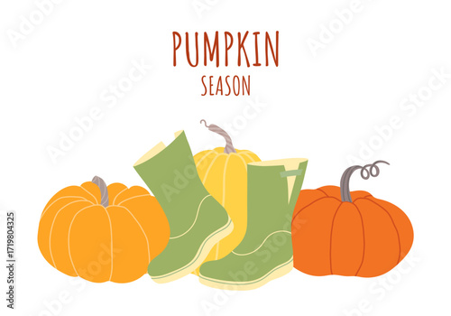 Green rubber boots placed among bright orange pumpkins. Autumn harvest illustration in flat style, perfect for seasonal cards, invitations, and Thanksgiving designs