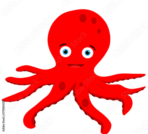 Cartoon Red Octopus with Big Eyes and Tentacles Smiling Delightfully on a White Background