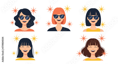 A diverse group of women with different hairstyles and sunglasses showcasing their smiles.