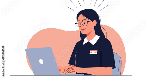 A smiling young woman wearing glasses and a nametag works diligently on her laptop.