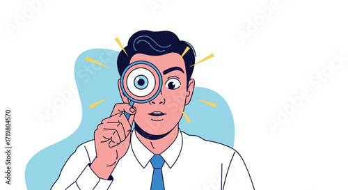 A surprised man looking through a magnifying glass at something unseen.