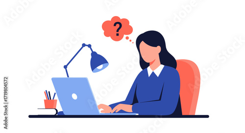 A woman contemplating a question mark while working on her laptop in an office setting.