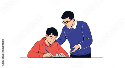 A caring teacher helps a student with homework at a desk in a classroom setting.