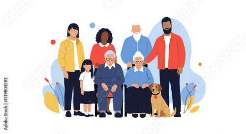 A diverse family group portrait with parents grandparents children and a dog.
