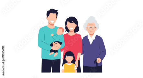 A happy multi-generational family posing together for a picture indoors.