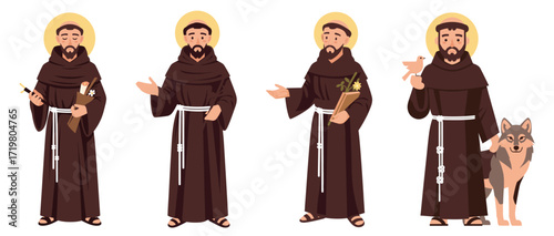Saint Francis of Assisi with animals, Bible and flowers