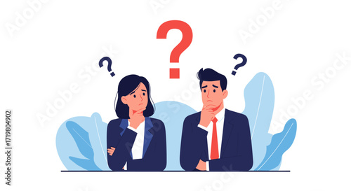 Two people contemplating with question marks above their heads