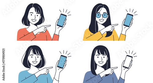 Four women in different outfits pointing at their smartphones with glowing screens.