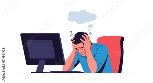 A man is sitting at a computer with his head in his hands feeling stressed and overwhelmed.