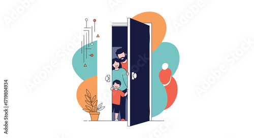 Family peeking out from behind a slightly opened door with abstract shapes in the background.