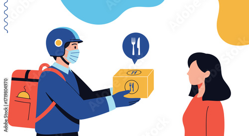 A food delivery worker wearing a mask hands a package to a customer. .