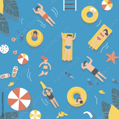 A vibrant overhead view of people enjoying a sunny day swimming and relaxing in a bright blue pool with inflatable toys and beach balls.
