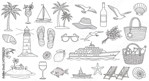 Collection of hand drawn summer beach and vacation icons