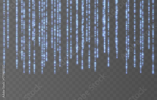 Glowing falling garlands png. Bright Christmas blue lights. Christmas decoration for holiday design.