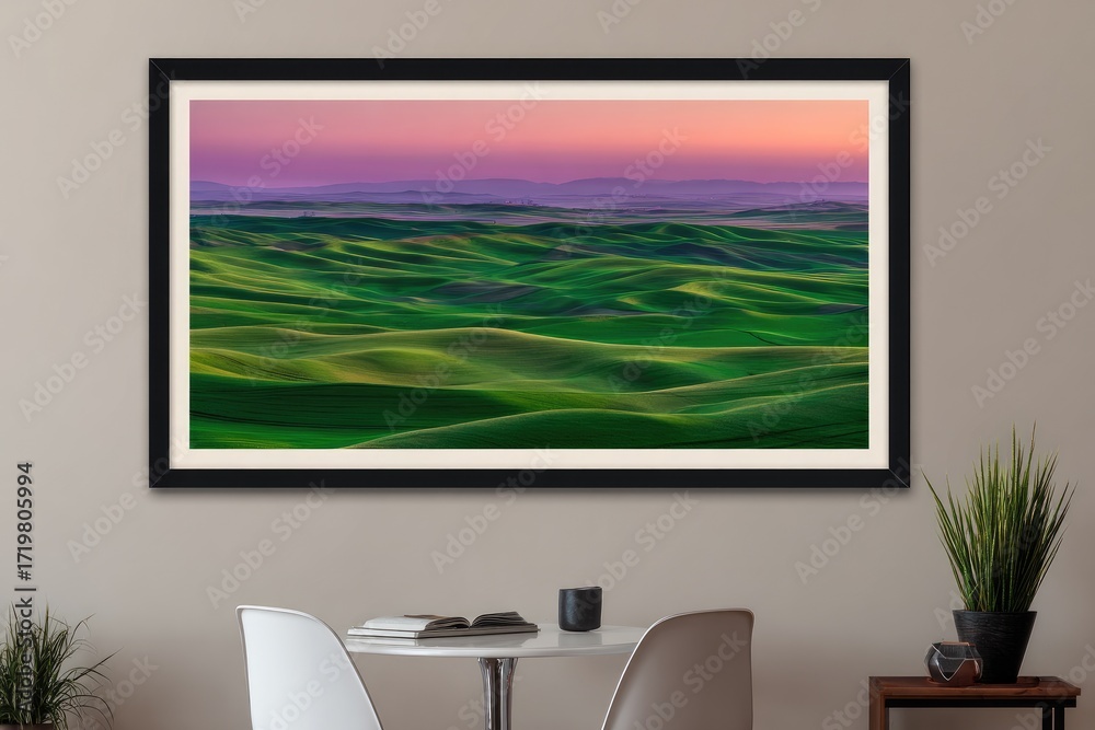 Fototapeta premium A captivating landscape panorama showcases rolling hills of vibrant green, bathed in the hues of a pastel sunrise or sunset.